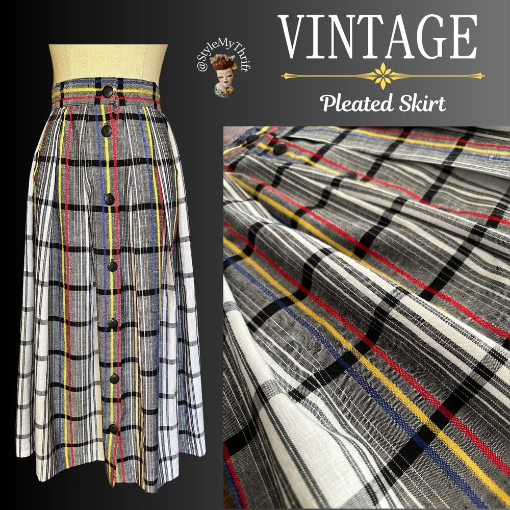 Vintage Plaid Pleated Maxi Skirt in Black, White & Multi-Stripe